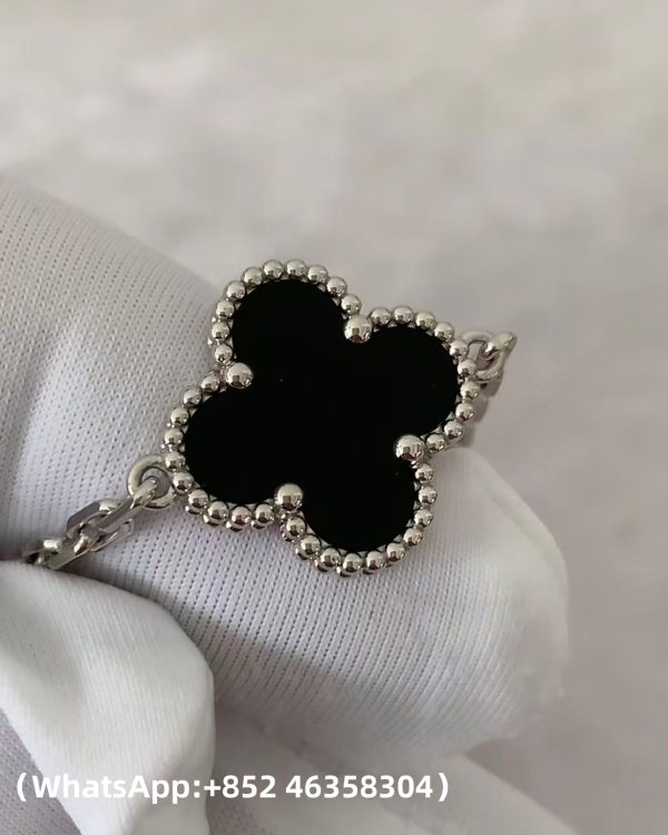 Custom Solid 18k Gold Van Cleef & Arpels Jewelry Vintage Alhambra Bracelet, 5 Motifs, Diamond, Onyx