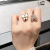 Custom Solid 18k Gold Van Cleef & Arpels Jewelry Two Butterfly Between the Finger Ring, Diamond, Mother-Of-Pearl