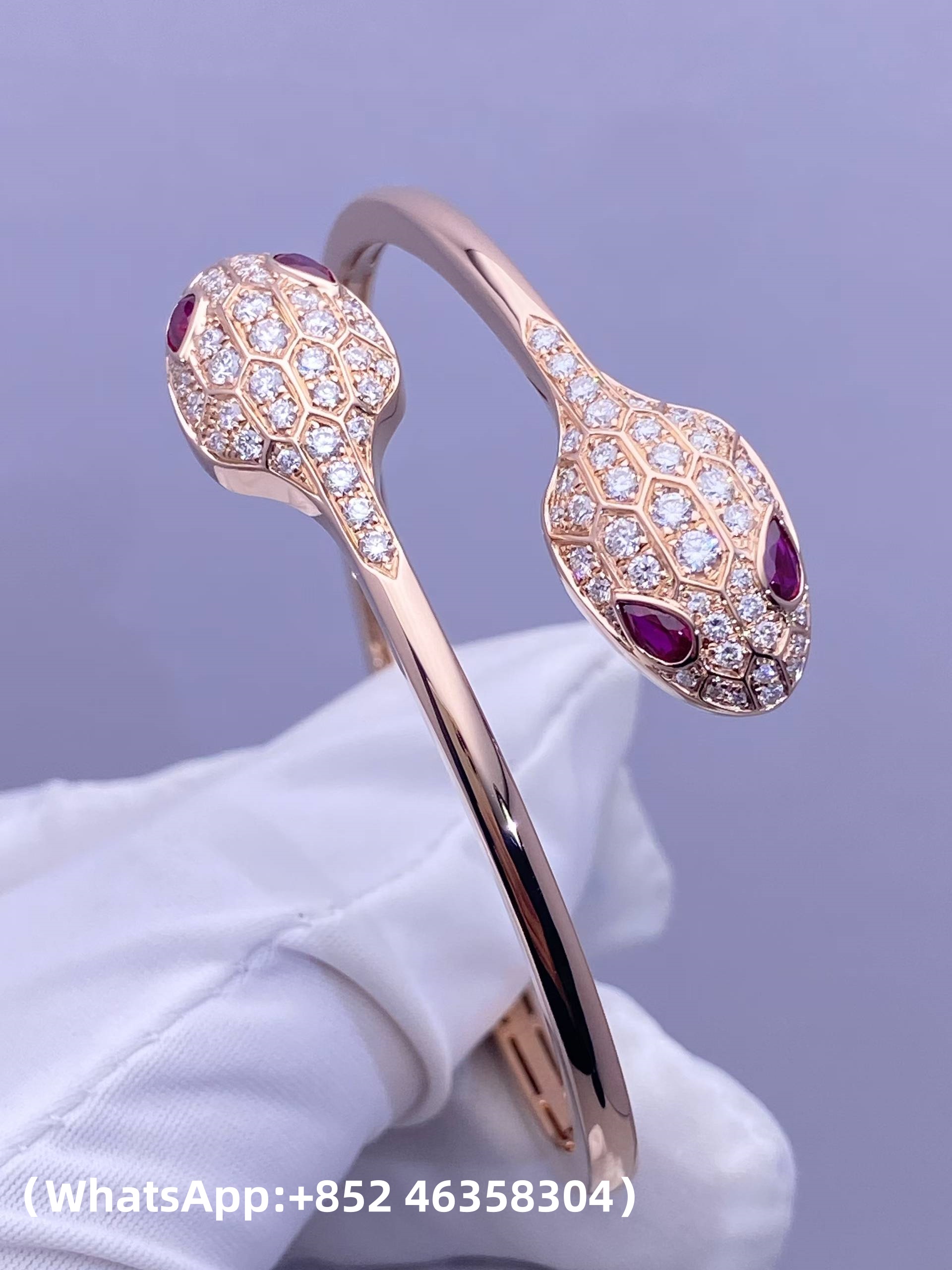 1 (2) Custom Solid 18K Gold Bulgari Jewelry Serpenti Bangle Bracelet Set with Rubellite Eyes and Pavé Diamonds on the Head