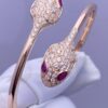 1 (4) Custom Solid 18K Gold Bulgari Jewelry Serpenti Bangle Bracelet Set with Rubellite Eyes and Pavé Diamonds on the Head