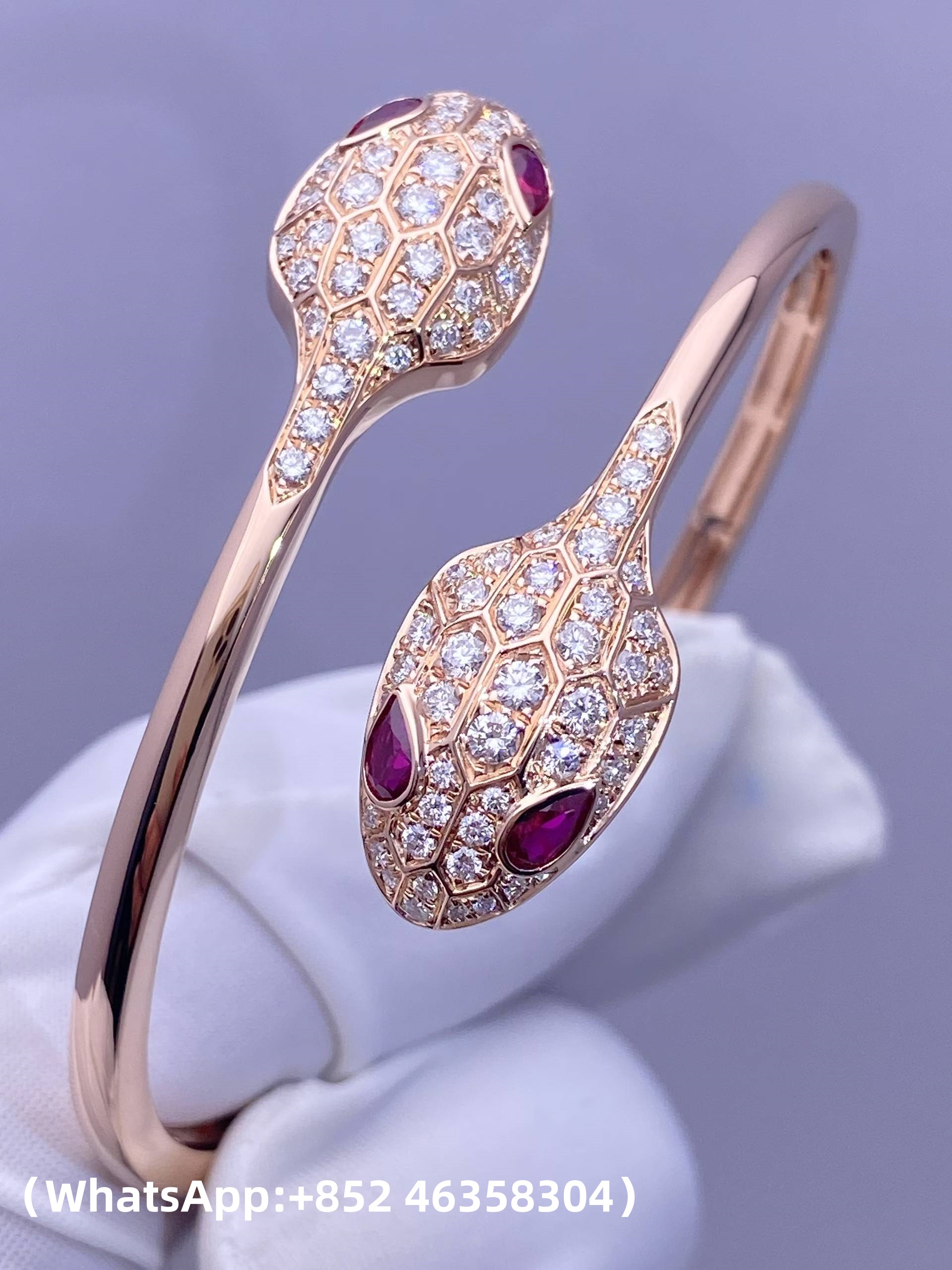 1 (4) Custom Solid 18K Gold Bulgari Jewelry Serpenti Bangle Bracelet Set with Rubellite Eyes and Pavé Diamonds on the Head