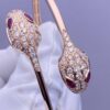 1 (5) Custom Solid 18K Gold Bulgari Jewelry Serpenti Bangle Bracelet Set with Rubellite Eyes and Pavé Diamonds on the Head