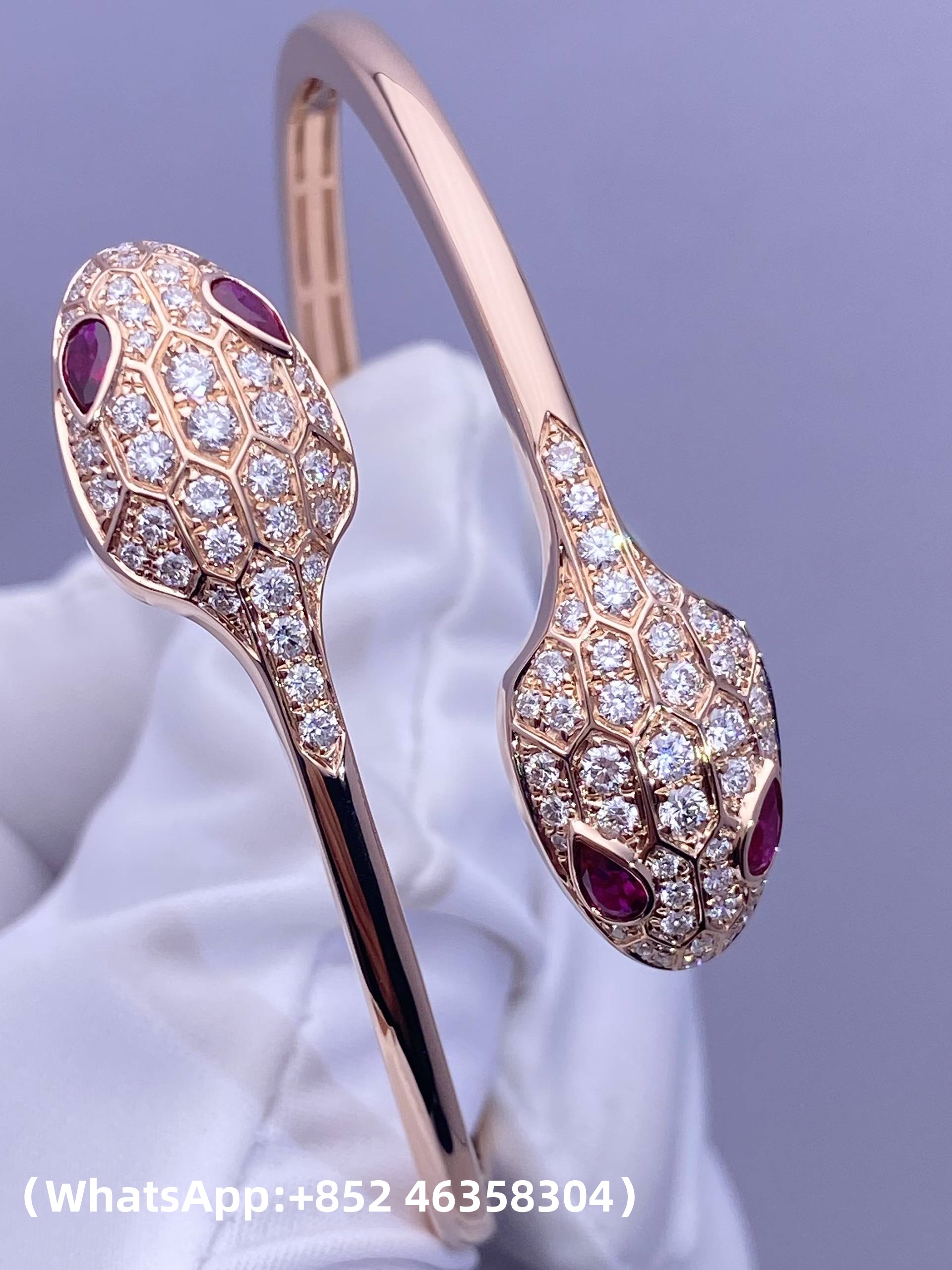 1 (5) Custom Solid 18K Gold Bulgari Jewelry Serpenti Bangle Bracelet Set with Rubellite Eyes and Pavé Diamonds on the Head