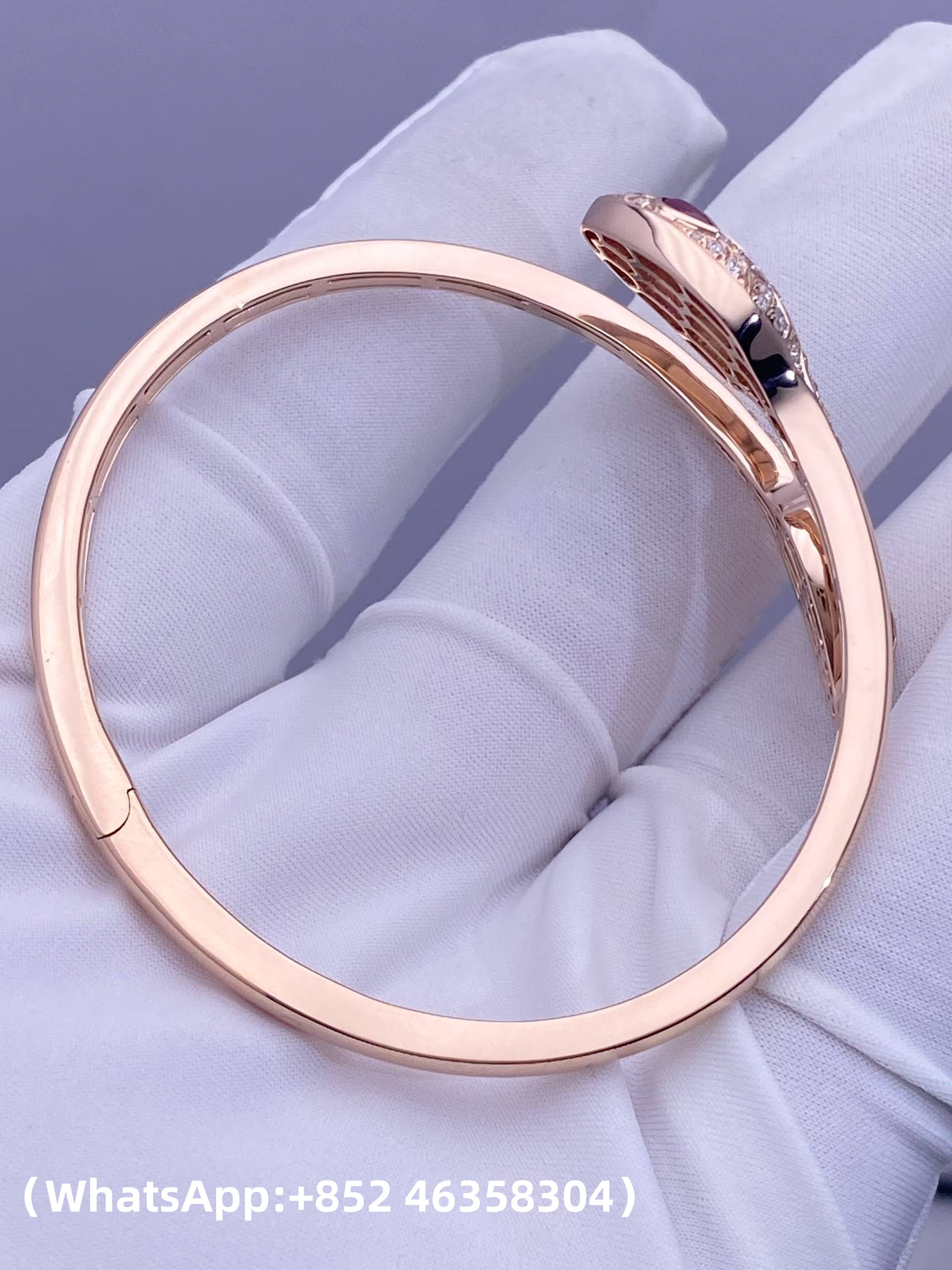 1 (6) Custom Solid 18K Gold Bulgari Jewelry Serpenti Bangle Bracelet Set with Rubellite Eyes and Pavé Diamonds on the Head