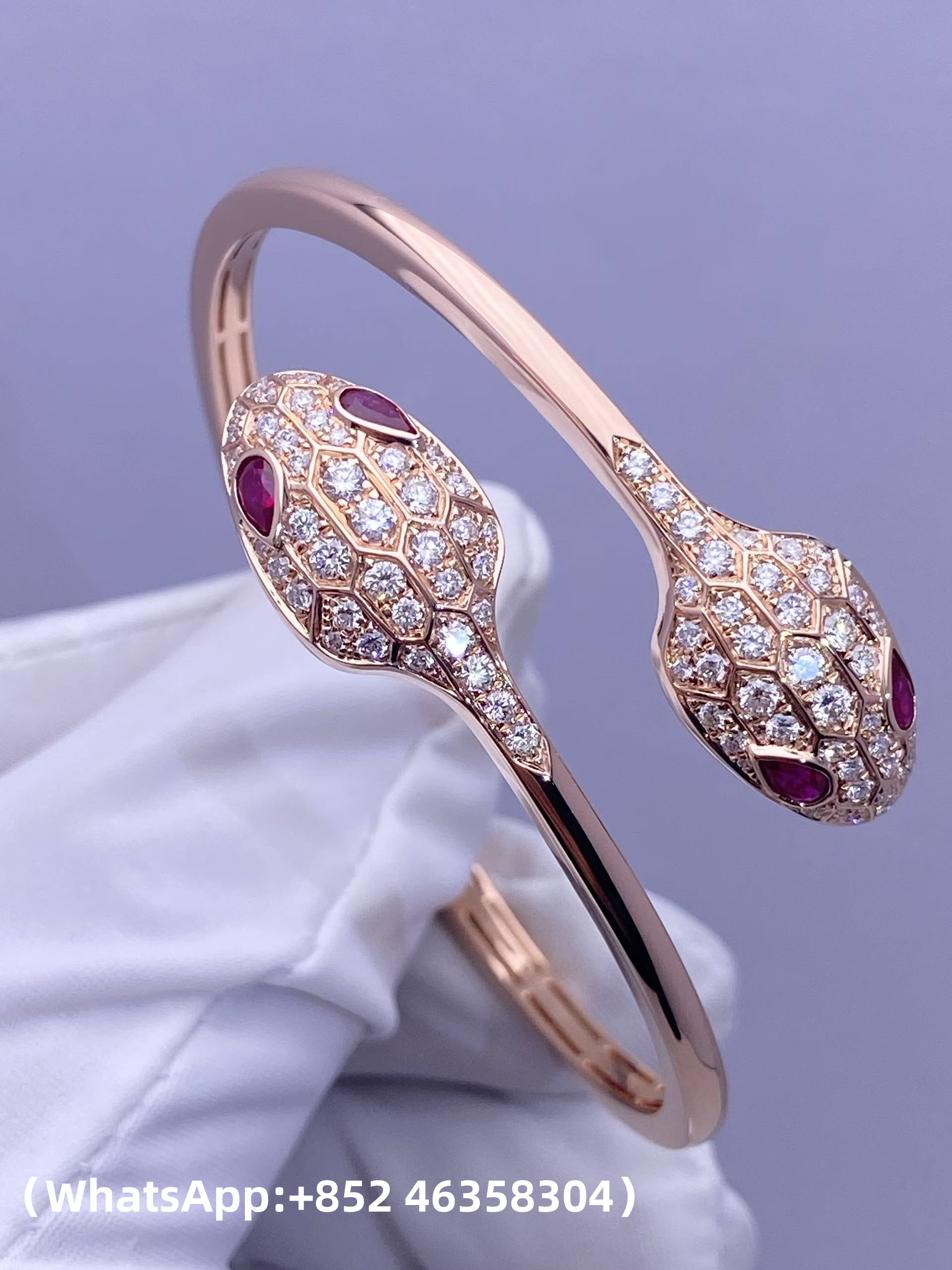 1 (7) Custom Solid 18K Gold Bulgari Jewelry Serpenti Bangle Bracelet Set with Rubellite Eyes and Pavé Diamonds on the Head