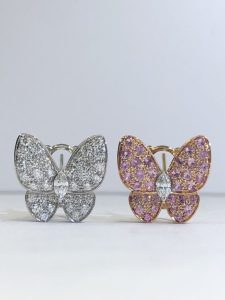 Custom Solid 18k Gold Van Cleef & Arpels Jewelry Two Butterfly Earrings 18K White gold Diamond Sapphire