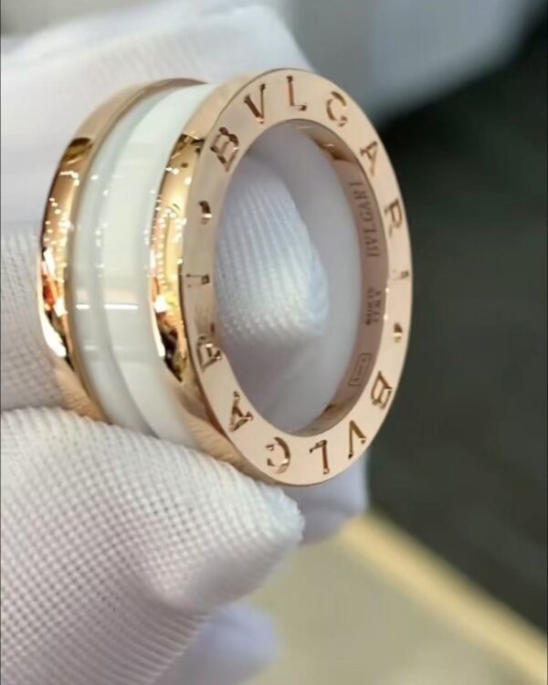 Custom Solid 18k Gold Bulgari Jewelry B.zero1 Two-Band Ring With Two Loops and a White Ceramic Spiral
