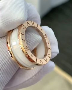 Custom Solid 18k Gold Bulgari Jewelry B.zero1 Two-Band Ring With Two Loops and a White Ceramic Spiral