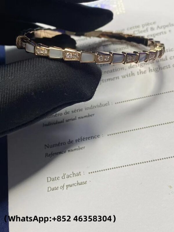 1f4df1417d6791efa45fb4253f605b30 (1) Custom Solid 18k Gold Bulgari Jewelry Serpenti Viper Single Loop Bracelet in 18k Rose Gold with Pavé Diamonds and White Mother-of-Pearl