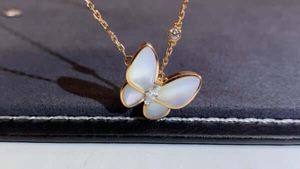Custom Solid 18k Gold Van Cleef & Arpels Jewelry Two Butterfly Pendant, Diamond, Mother-of-pearl