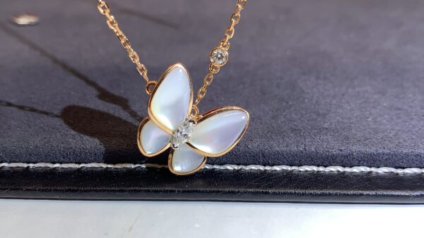Custom Solid 18k Gold Van Cleef & Arpels Jewelry Two Butterfly Pendant, Diamond, Mother-of-pearl
