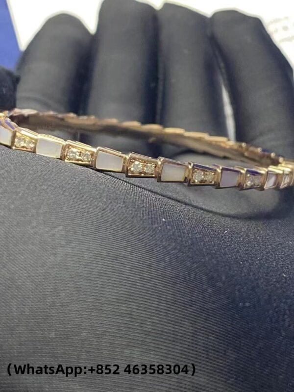 23e4310b00d11f25ddd17adcc87be6c7 (1) Custom Solid 18k Gold Bulgari Jewelry Serpenti Viper Single Loop Bracelet in 18k Rose Gold with Pavé Diamonds and White Mother-of-Pearl