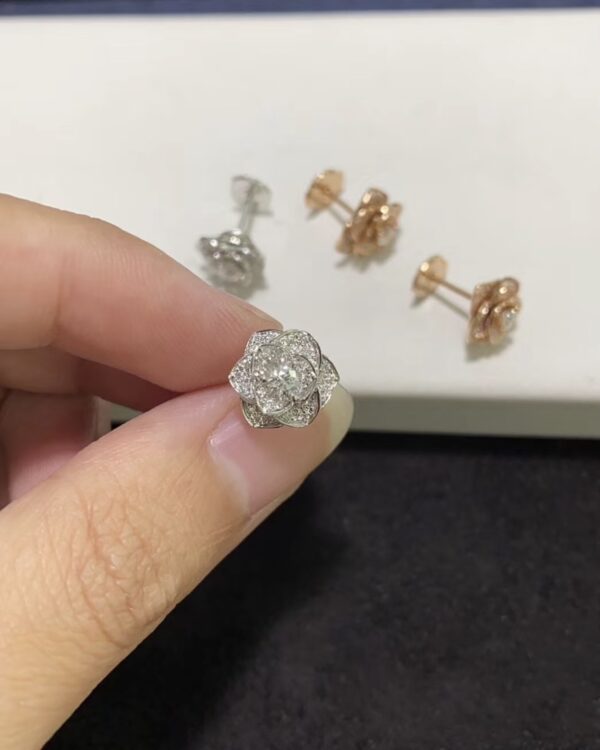 Custom Solid 18k Gold Piaget Rose Earrings in Rhodium Finish 18K White Gold Set with 172 Brilliant-Cut Diamonds (approx. 2.36 ct)