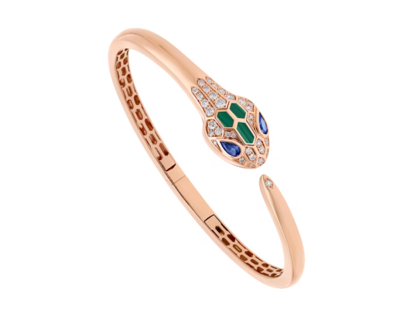 Custom Solid 18K Gold Bulgari Jewelry Serpenti Bracelet Custom Made in 18K Rose Gold with Blue Sapphire Eyes,Malachite and Pavé Diamonds