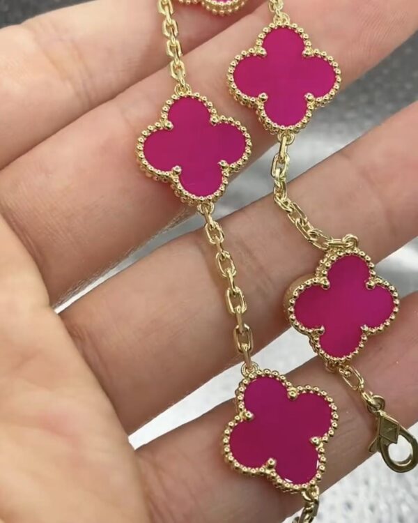 Custom Solid 18k Gold Van Cleef & Arpels Jewelry Vintage Alhambra Bracelet, 5 Motifs, Pink Sèvres Porcelain