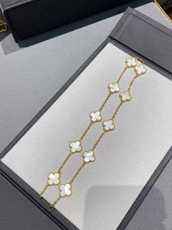 Custom Solid 18k Gold Van Cleef & Arpels Vintage Alhambra Necklace, 10 Motifs 18K Yellow Gold, Mother-Of-Pearl