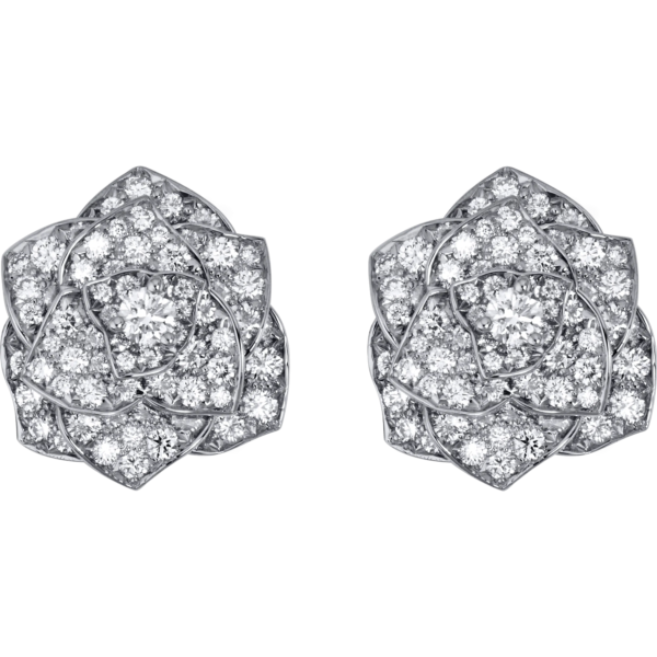 Custom Solid 18k Gold Piaget Rose Earrings in Rhodium Finish 18K White Gold Set with 172 Brilliant-Cut Diamonds (approx. 2.36 ct)
