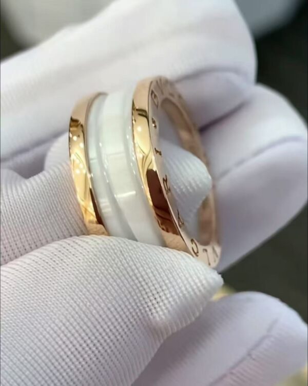 Custom Solid 18k Gold Bulgari Jewelry B.zero1 Two-Band Ring With Two Loops and a White Ceramic Spiral