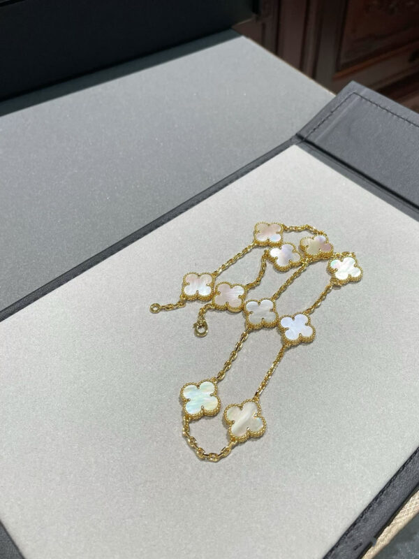 Custom Solid 18k Gold Van Cleef & Arpels Vintage Alhambra Necklace, 10 Motifs 18K Yellow Gold, Mother-Of-Pearl