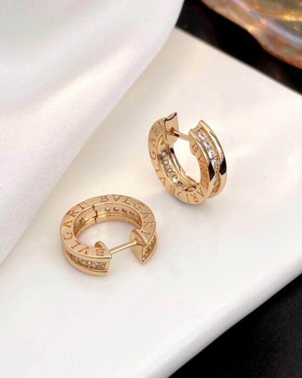 Custom Solid 18k Gold Bulgari Jewelry B.zero1 Small Hoop Earrings Set with Pavé Diamonds on The Spiral