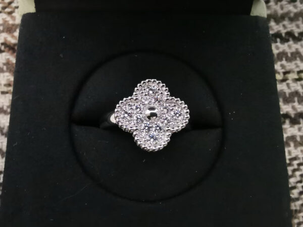 Custom Solid 18k Gold Van Cleef & Arpels Vintage Alhambra Ring 18K White Gold, Diamond