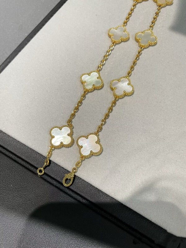 Custom Solid 18k Gold Van Cleef & Arpels Vintage Alhambra Necklace, 10 Motifs 18K Yellow Gold, Mother-Of-Pearl