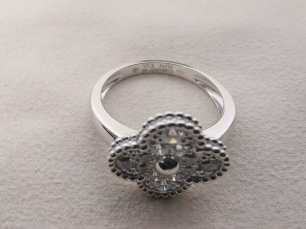 Custom Solid 18k Gold Van Cleef & Arpels Vintage Alhambra Ring 18K White Gold, Diamond