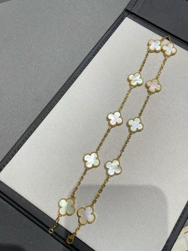 Custom Solid 18k Gold Van Cleef & Arpels Vintage Alhambra Necklace, 10 Motifs 18K Yellow Gold, Mother-Of-Pearl