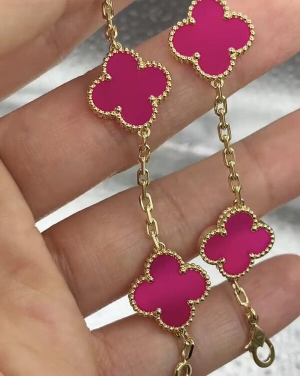 Custom Solid 18k Gold Van Cleef & Arpels Jewelry Vintage Alhambra Bracelet, 5 Motifs, Pink Sèvres Porcelain