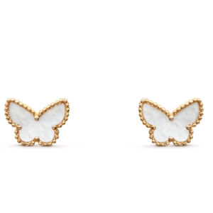 Custom Solid 18k Gold Van Cleef & Arpels Sweet Butterflies earstuds, 18K yellow gold, white mother-of-pearl.