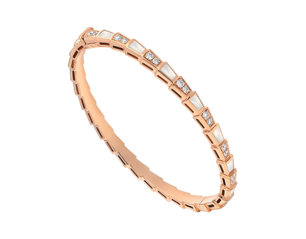 BR858356-001_1 Custom Solid 18k Gold Bulgari Jewelry Serpenti Viper Single Loop Bracelet in 18k Rose Gold with Pavé Diamonds and White Mother-of-Pearl