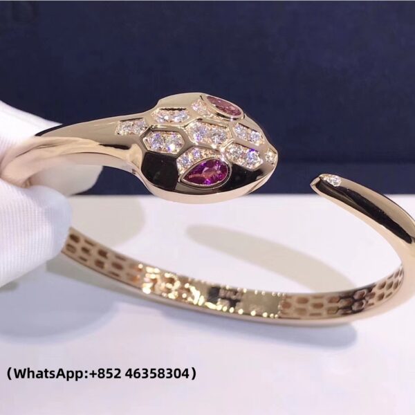 Custom Solid 18K Gold Bulgari Jewelry Serpenti Bracelet with Rubellite Eyes in 18K Pink Gold and Diamonds