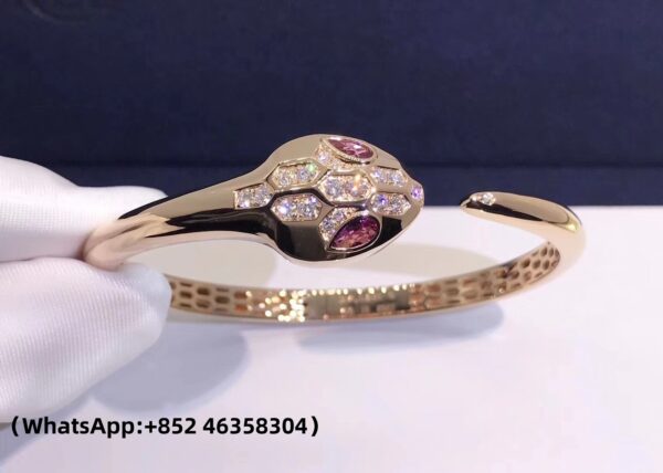 Custom Solid 18K Gold Bulgari Jewelry Serpenti Bracelet with Rubellite Eyes in 18K Pink Gold and Diamonds