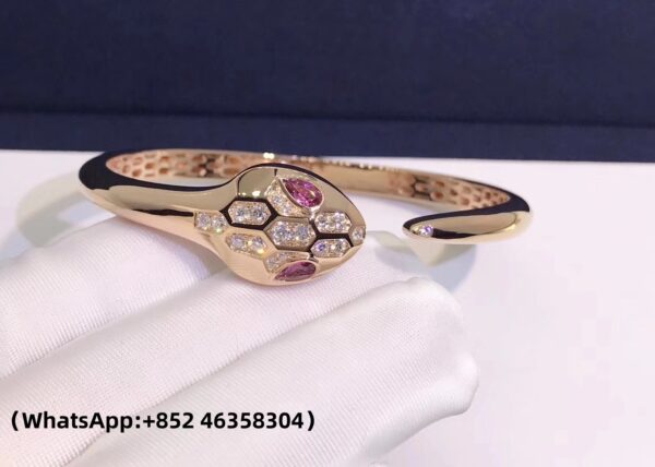 Custom Solid 18K Gold Bulgari Jewelry Serpenti Bracelet with Rubellite Eyes in 18K Pink Gold and Diamonds