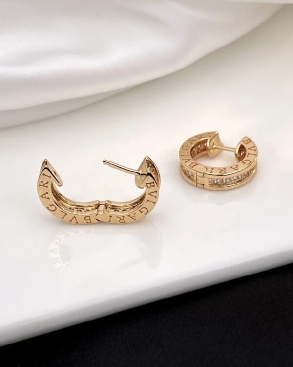 Custom Solid 18k Gold Bulgari Jewelry B.zero1 Small Hoop Earrings Set with Pavé Diamonds on The Spiral
