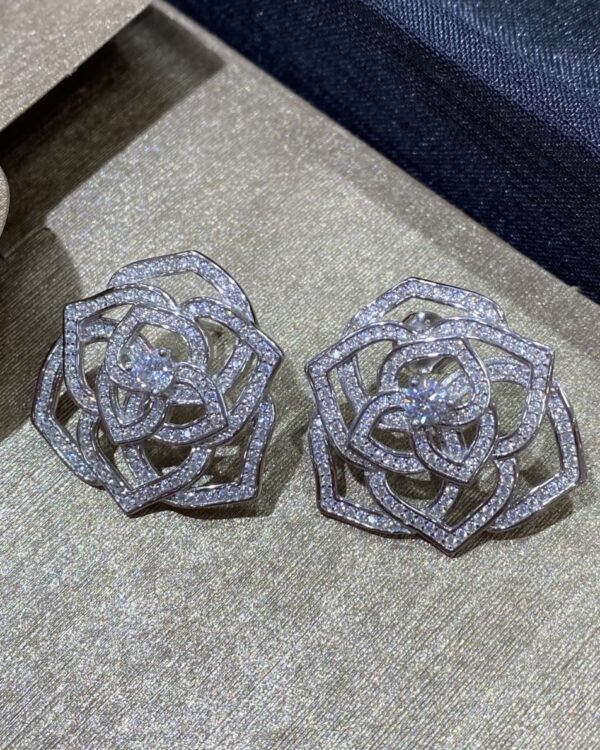Screenshot Custom Solid 18k Gold Piaget Rose Earrings in Rhodium Finish 18K White Gold Set with 282 Brilliant-Cut Diamonds (approx. 1.48 ct)