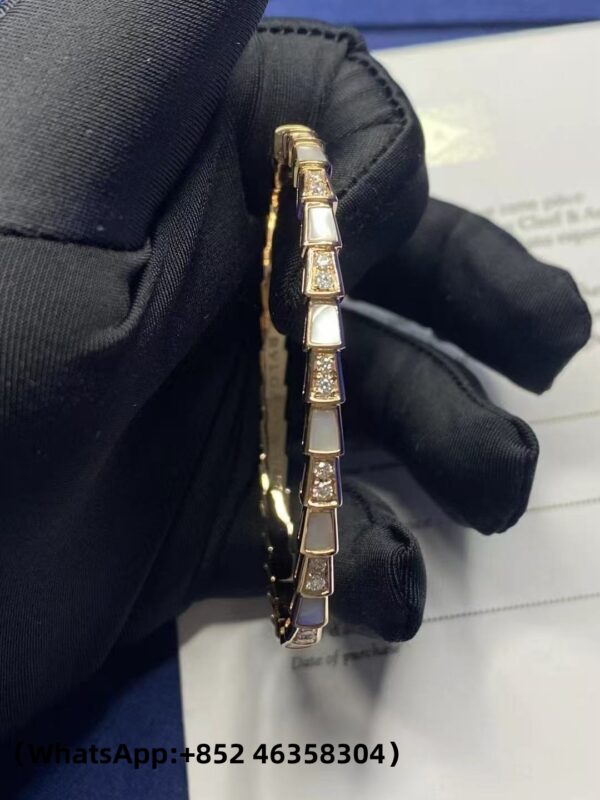 e21464e9b183d32fc07f9d5b73af82c5 (1) Custom Solid 18k Gold Bulgari Jewelry Serpenti Viper Single Loop Bracelet in 18k Rose Gold with Pavé Diamonds and White Mother-of-Pearl