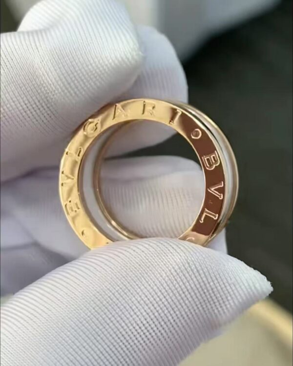 Custom Solid 18k Gold Bulgari Jewelry B.zero1 Two-Band Ring With Two Loops and a White Ceramic Spiral