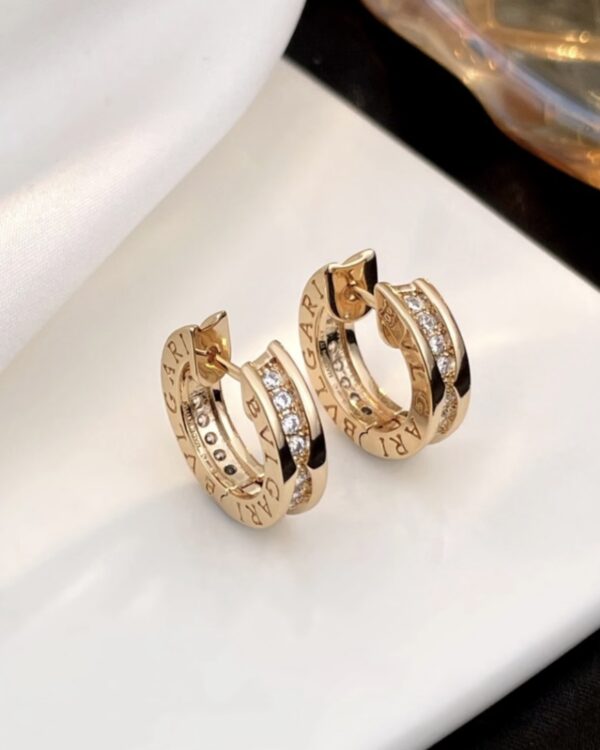 Custom Solid 18k Gold Bulgari Jewelry B.zero1 Small Hoop Earrings Set with Pavé Diamonds on The Spiral