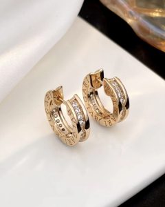 Custom Solid 18k Gold Bulgari Jewelry B.zero1 Small Hoop Earrings Set with Pavé Diamonds on The Spiral