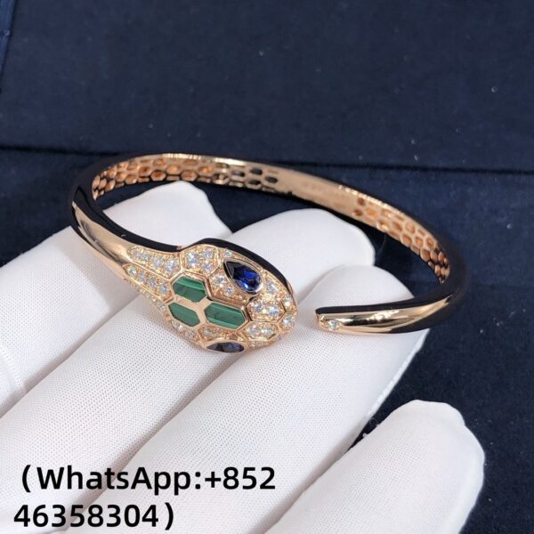 Custom Solid 18K Gold Bulgari Jewelry Serpenti Bracelet Custom Made in 18K Rose Gold with Blue Sapphire Eyes,Malachite and Pavé Diamonds