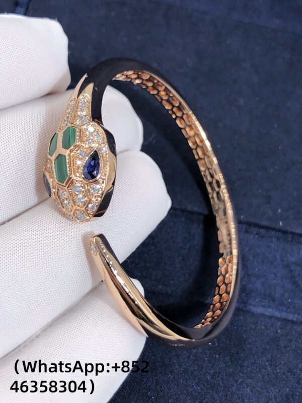 Custom Solid 18K Gold Bulgari Jewelry Serpenti Bracelet Custom Made in 18K Rose Gold with Blue Sapphire Eyes,Malachite and Pavé Diamonds