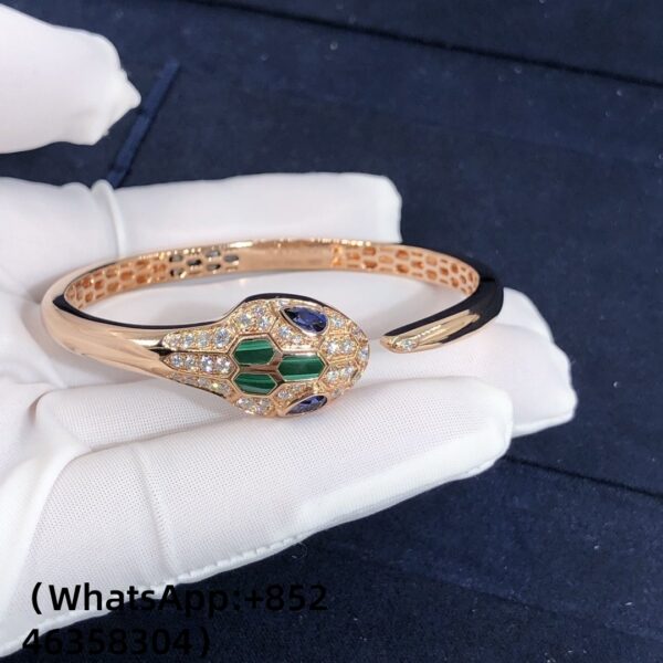 Custom Solid 18K Gold Bulgari Jewelry Serpenti Bracelet Custom Made in 18K Rose Gold with Blue Sapphire Eyes,Malachite and Pavé Diamonds
