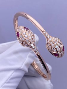 Custom Solid 18K Gold Bulgari Jewelry Serpenti Bangle Bracelet Set with Rubellite Eyes and Pavé Diamonds on the Head