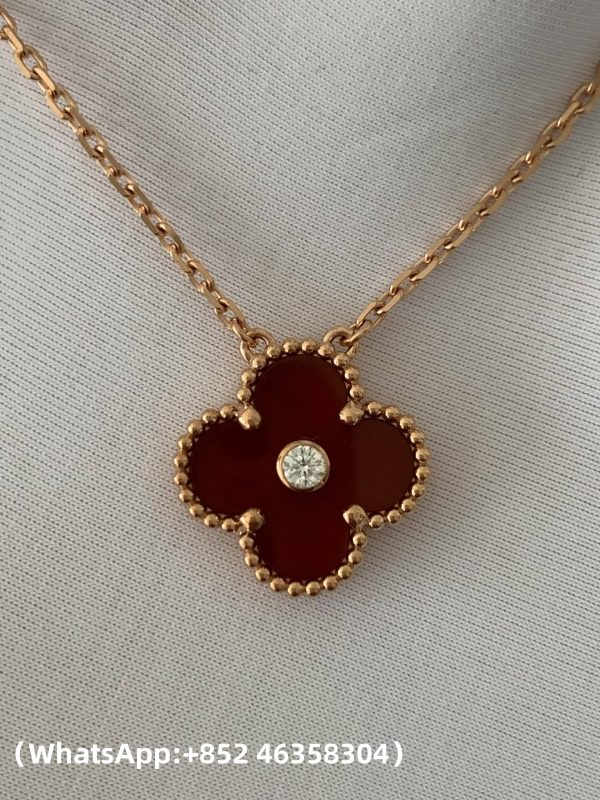 Custom Solid 18k Gold Van Cleef & Arpels Vintage Alhambra Pendant Carnelian with Diamond Custom Solid 18k Gold Van Cleef & Arpels Vintage Alhambra Pendant Carnelian with Diamond