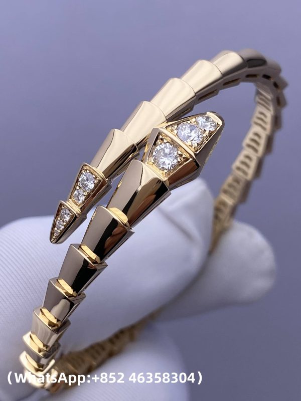 Custom Solid 18K Gold Bulgari Jewelry Serpenti Viper One-coil Bracelet set with Pavé Diamonds on the Head and Tail