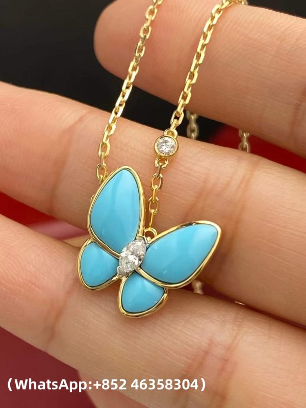 Custom Solid 18k Gold Van Cleef & Arpels Jewelry Two Butterfly Pendant 18K Yellow Gold Diamond Turquoise