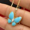 Custom Solid 18k Gold Van Cleef & Arpels Jewelry Two Butterfly Pendant 18K Yellow Gold Diamond Turquoise