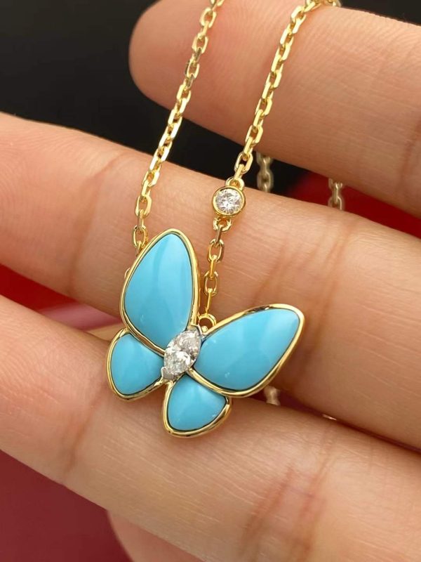 Custom Solid 18k Gold Van Cleef & Arpels Jewelry Two Butterfly Pendant 18K Yellow Gold Diamond Turquoise