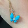 Custom Solid 18k Gold Van Cleef & Arpels Jewelry Two Butterfly Pendant 18K Yellow Gold Diamond Turquoise